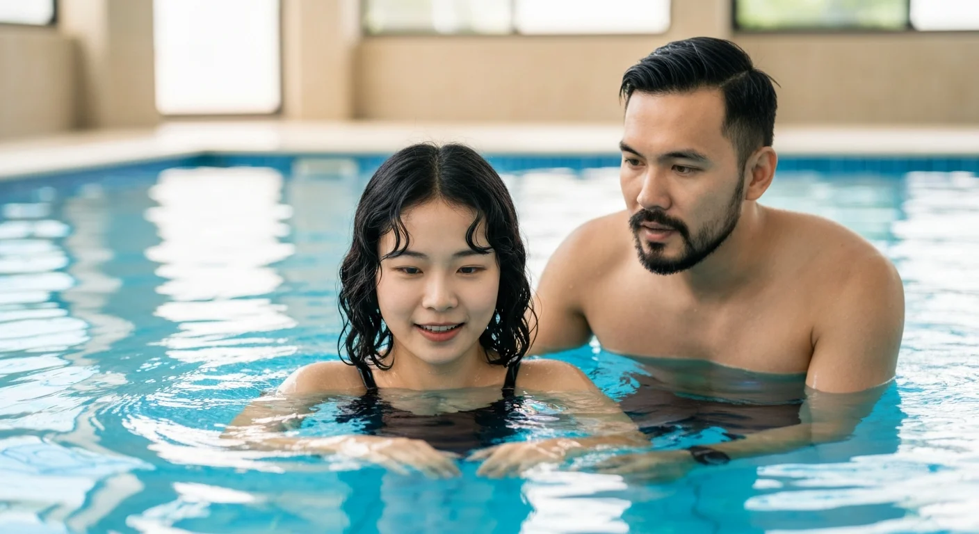 Adult learning to swim with instructor at a Singapore public pool