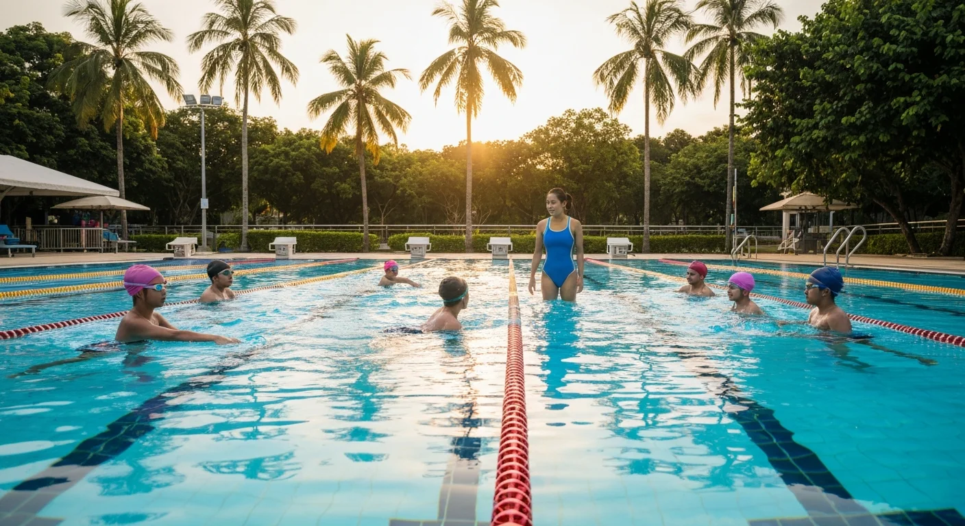 Swimming lesson in progress at a Singapore public swimming pool